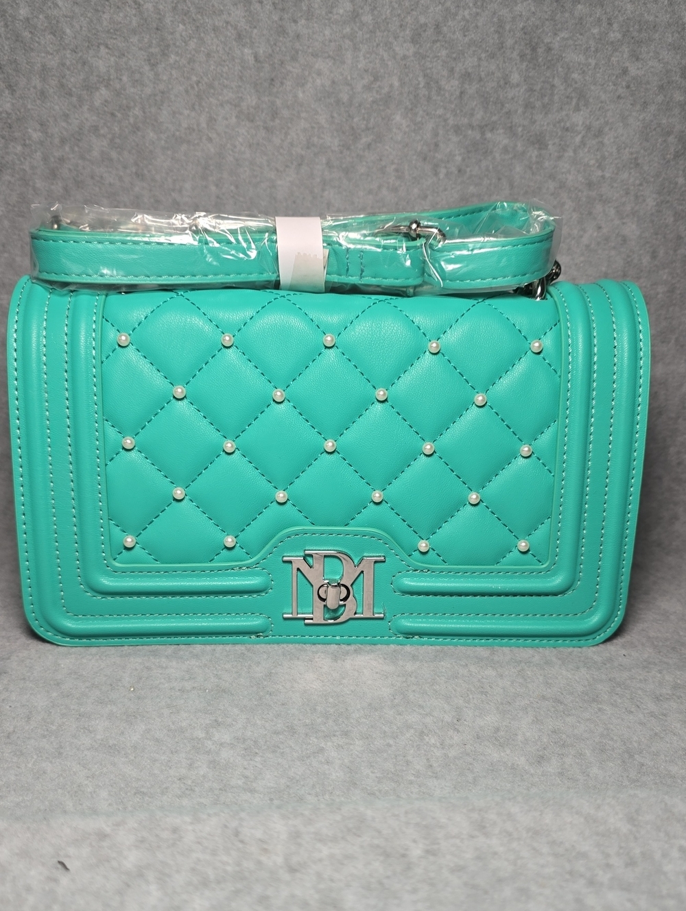 Badgley Mischka Letter Lock Quilted Teal Crossbody with Pearl Detail
